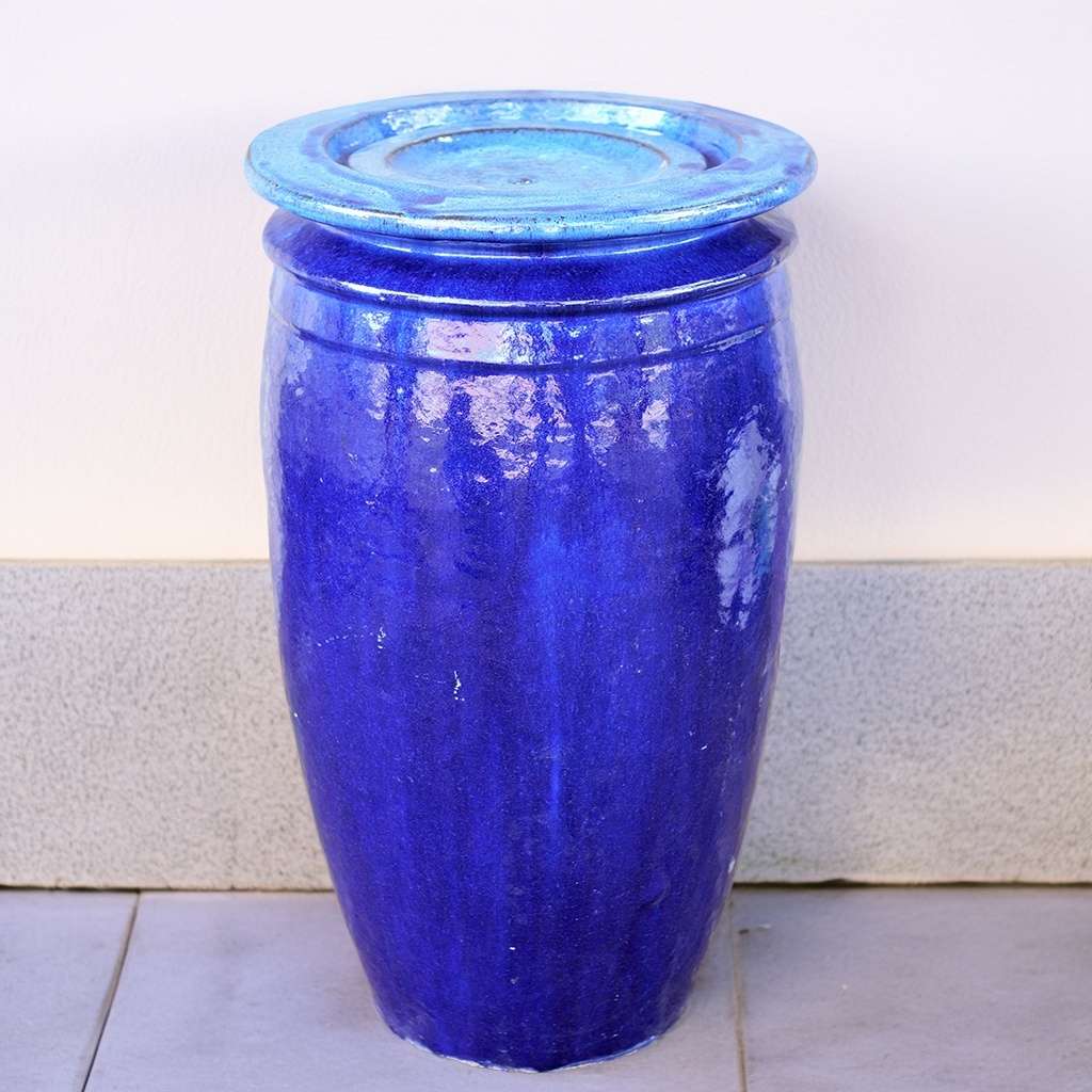 Majestic water ceramic jar fountain with a glossy blue finish
