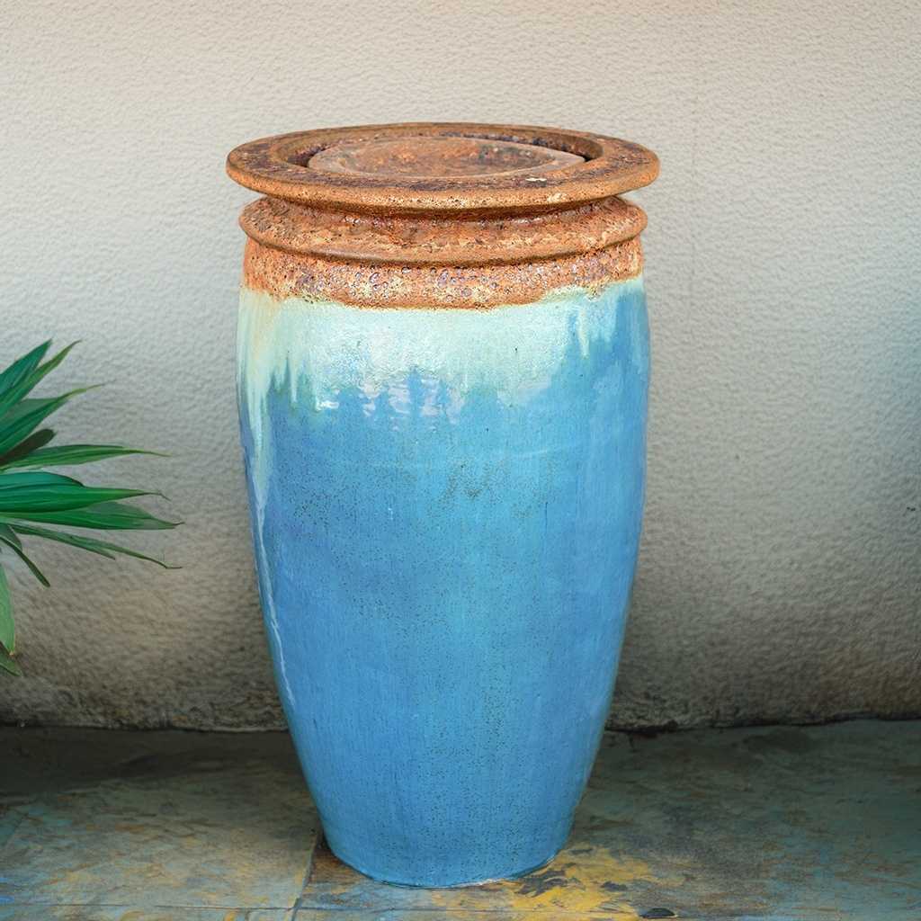 Majestic water ceramic jar fountain in turquoise with a textured top