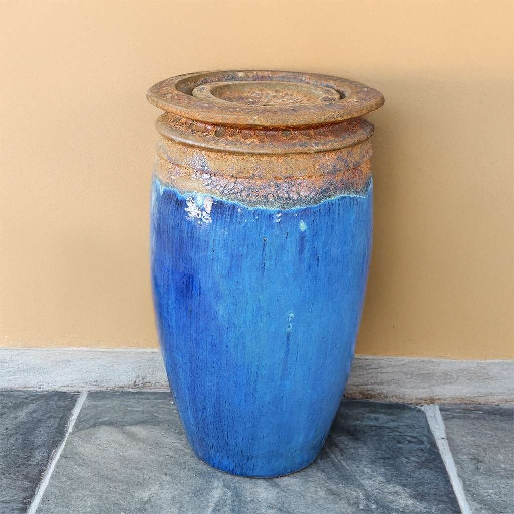 Majestic water ceramic jar fountain with a glossy blue finish and textured top