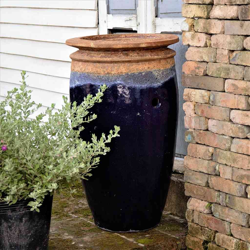 Majestic water ceramic jar fountain with a glossy black with textured top