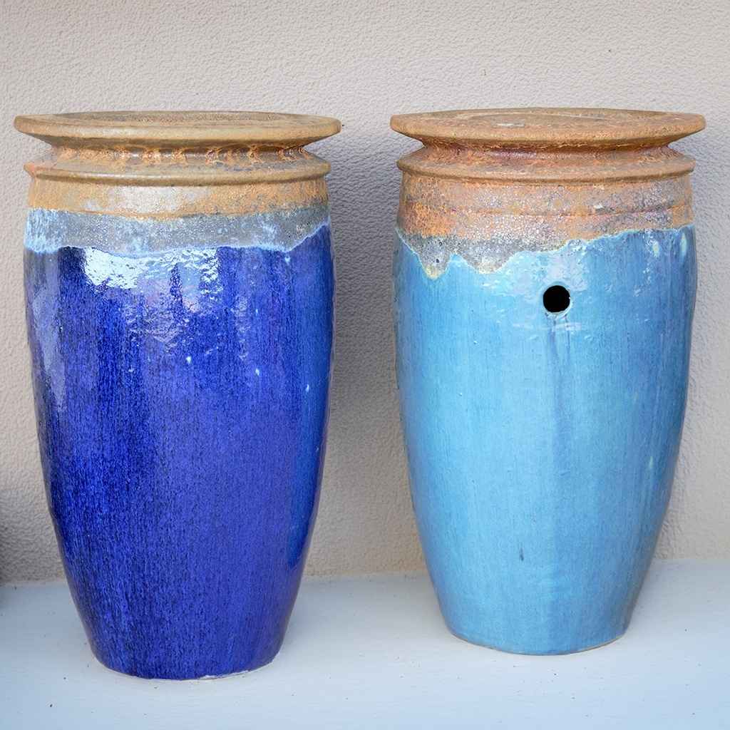 Set of 2 majestic ceramic jar fountains featuring a glossy Angkor Blue and turquoise glaze