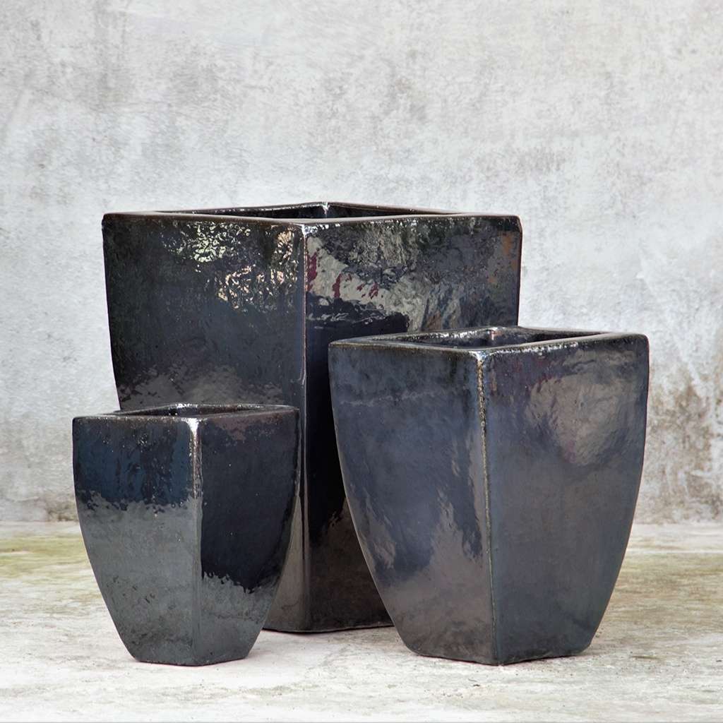 Glazed, Tapered ceramic planters in sleek black