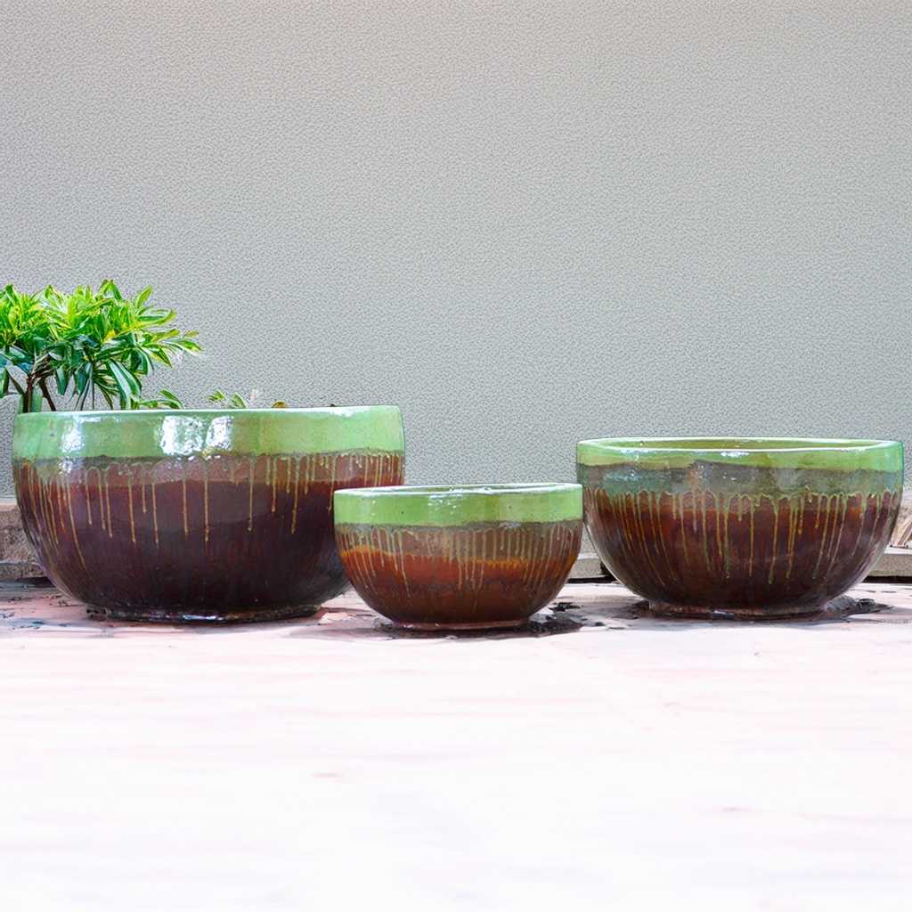 8042 Drip-glazed Bowl Planters - Set of 3