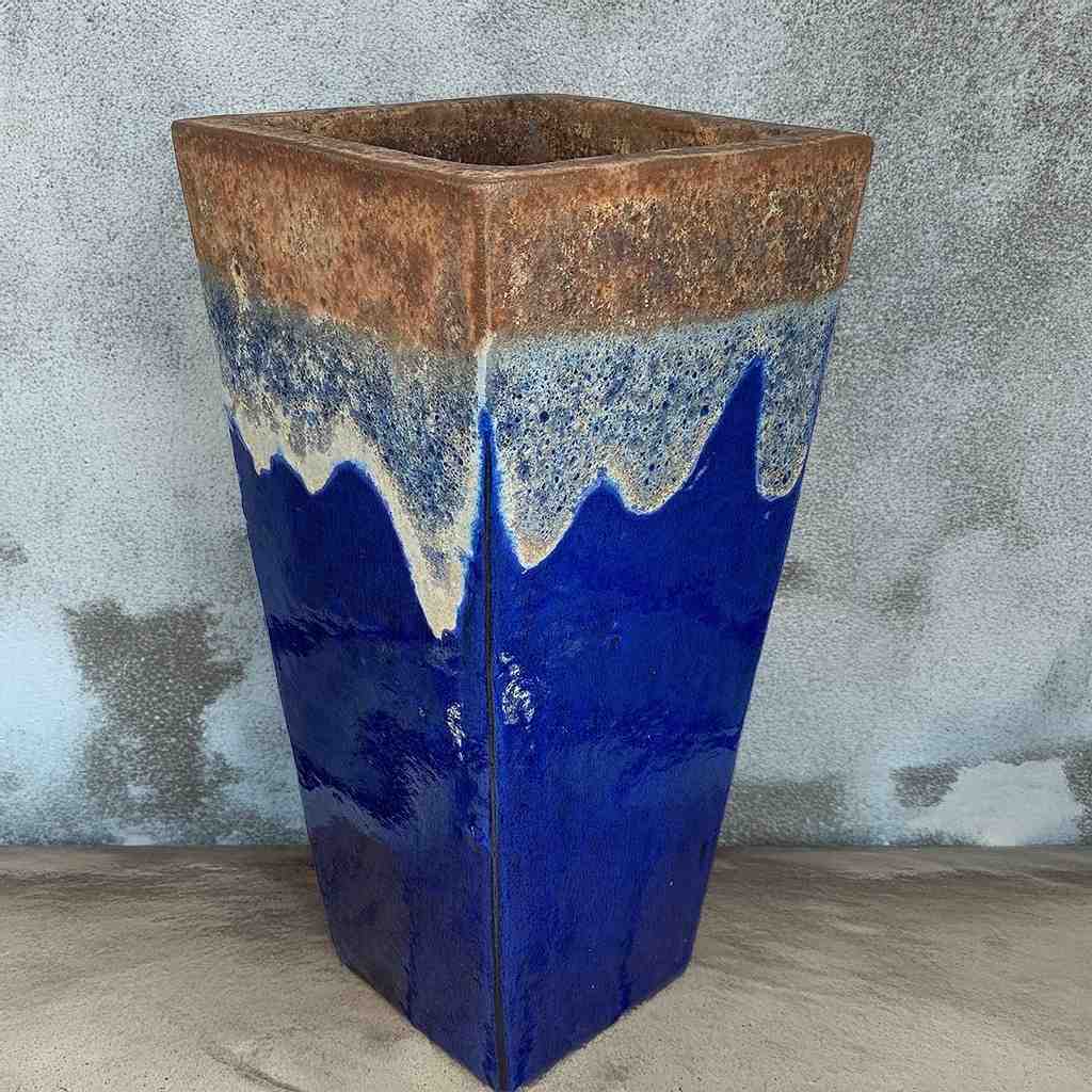 Rustic Angkor Dark Blue tapered planter with a textured, earthy finish