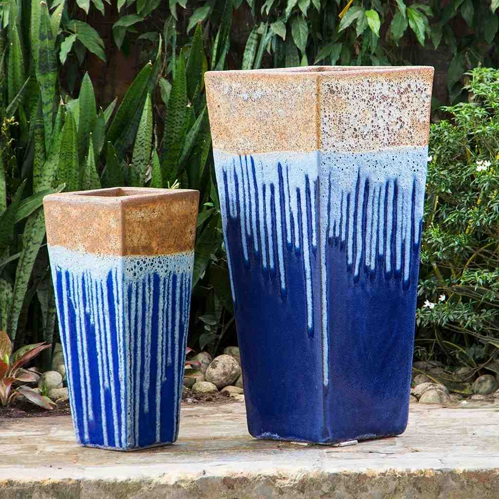 Set of 2 rustic Angkor Blue tapered planters with a textured, earthy finish