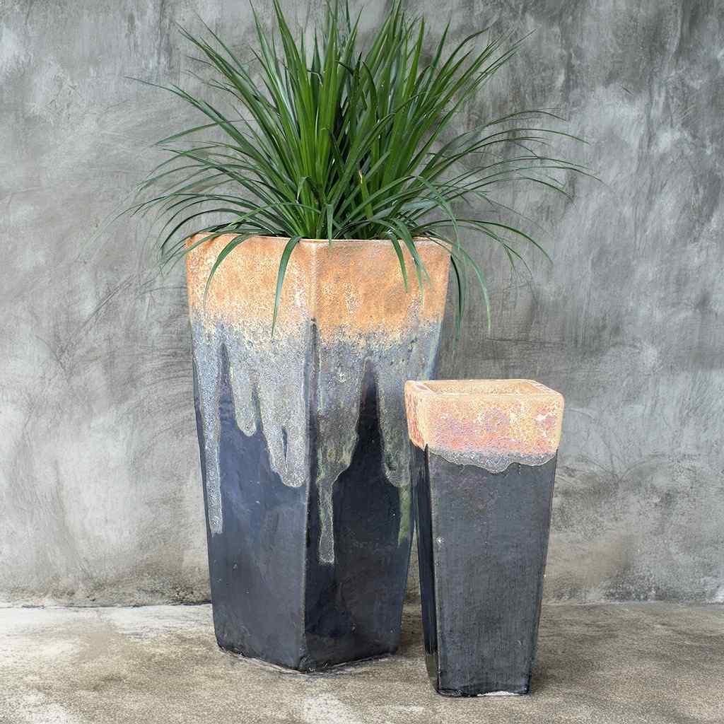 Set of 2 rustic Angkor Black tapered planters with a textured, earthy finish