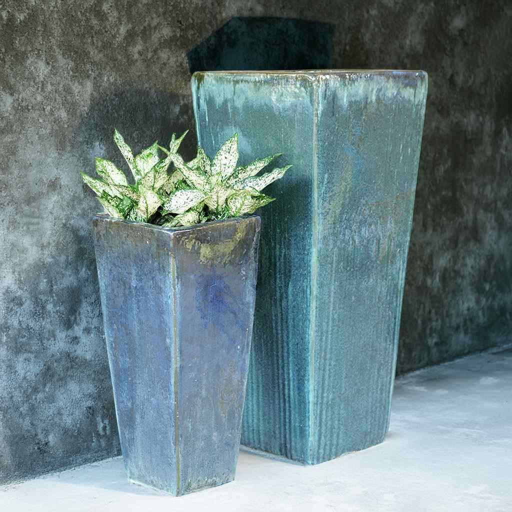 Set of 2 tapered planters with a glazed teal and blue finish, offering a vibrant and refreshing look