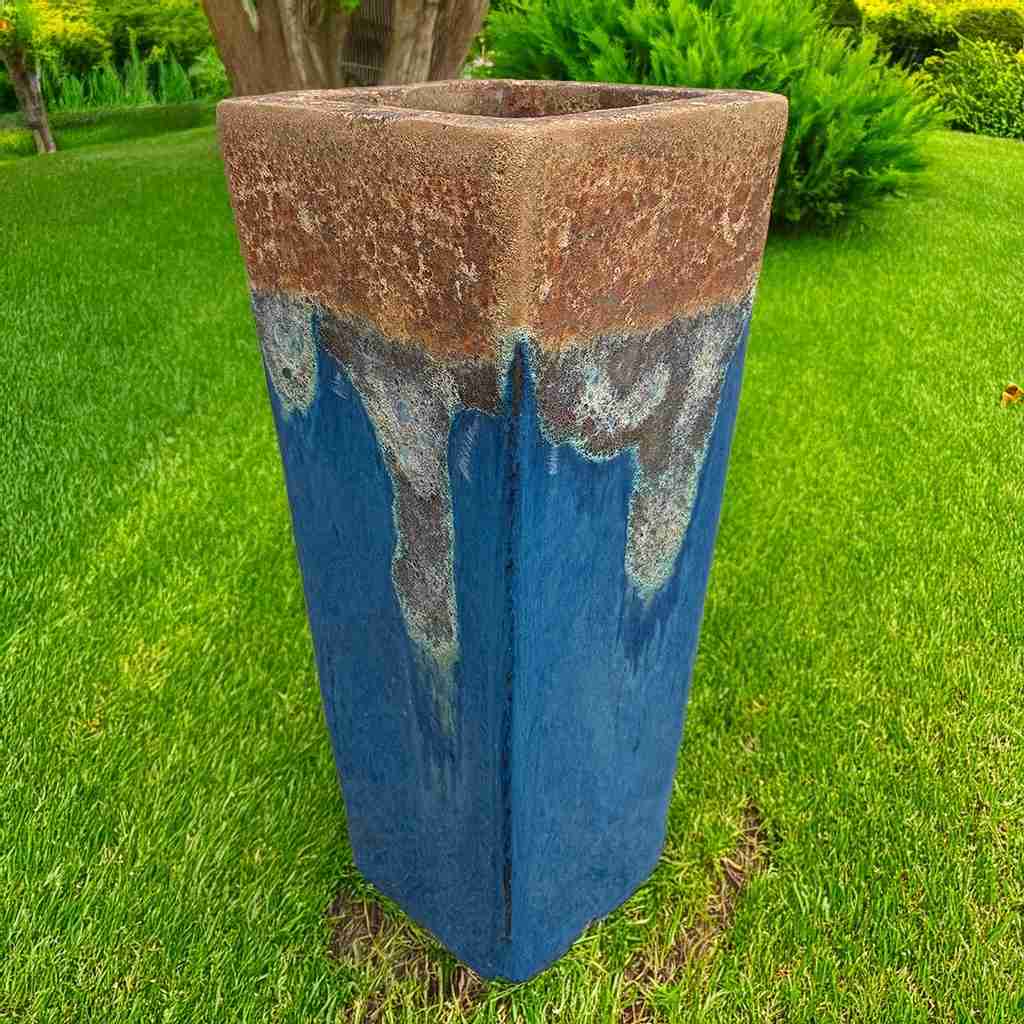 Rustic Angkor Blue tapered planter with a textured, earthy finish