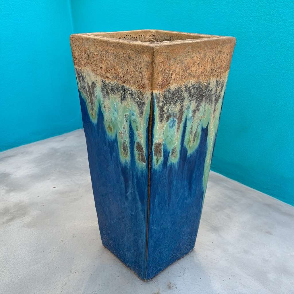 Rustic Angkor Blue tapered planter featuring a textured, natural matte finish