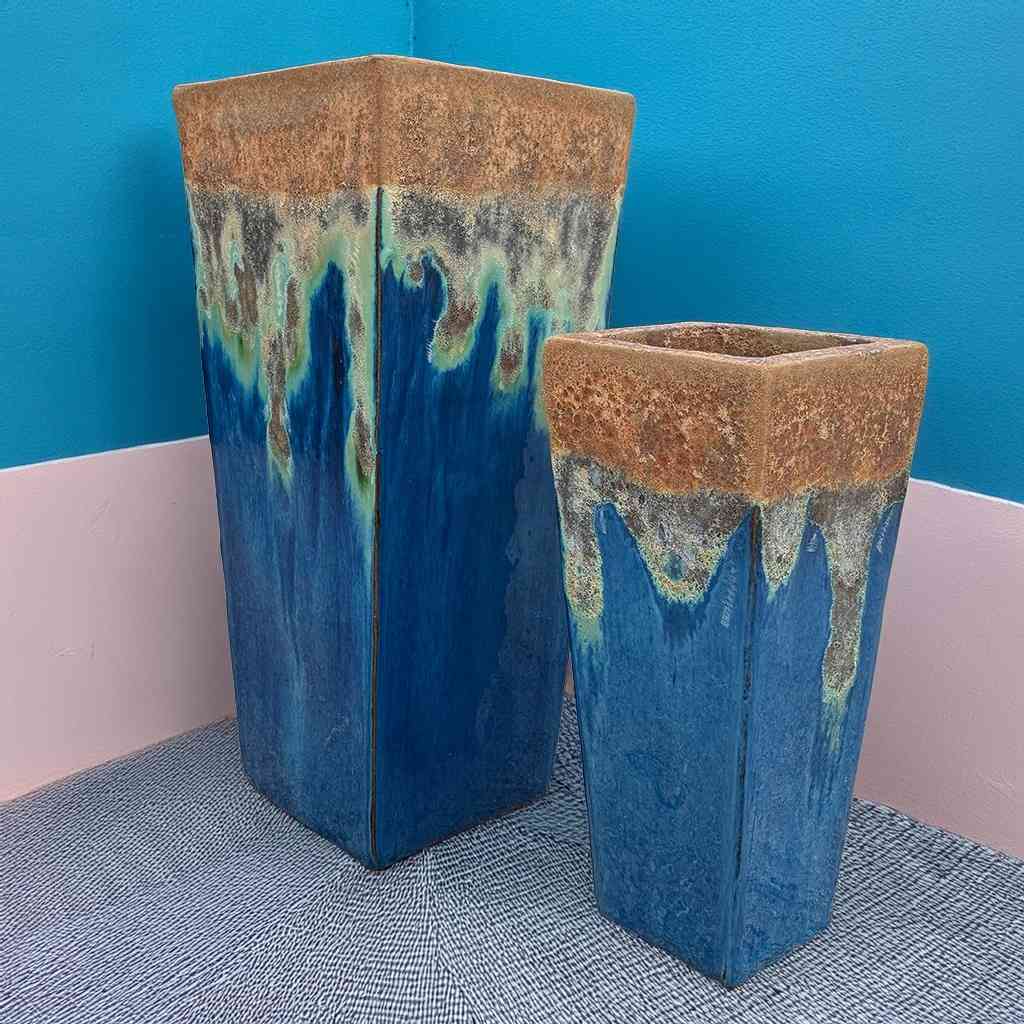 Rustic Angkor Blue tapered planters with a textured, natural finish