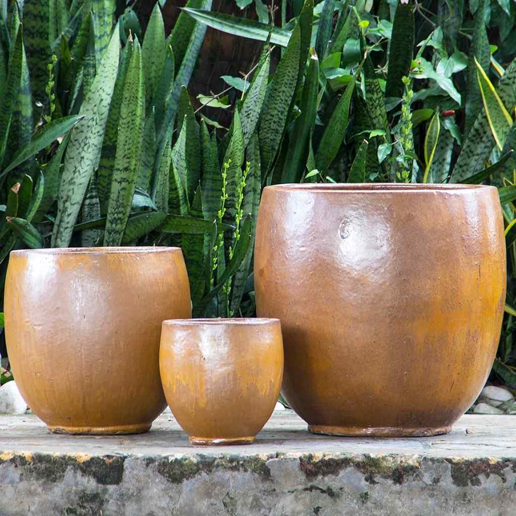 Golden round ceramic bulbous planters with a smooth, glossy finish and gently curved silhouette