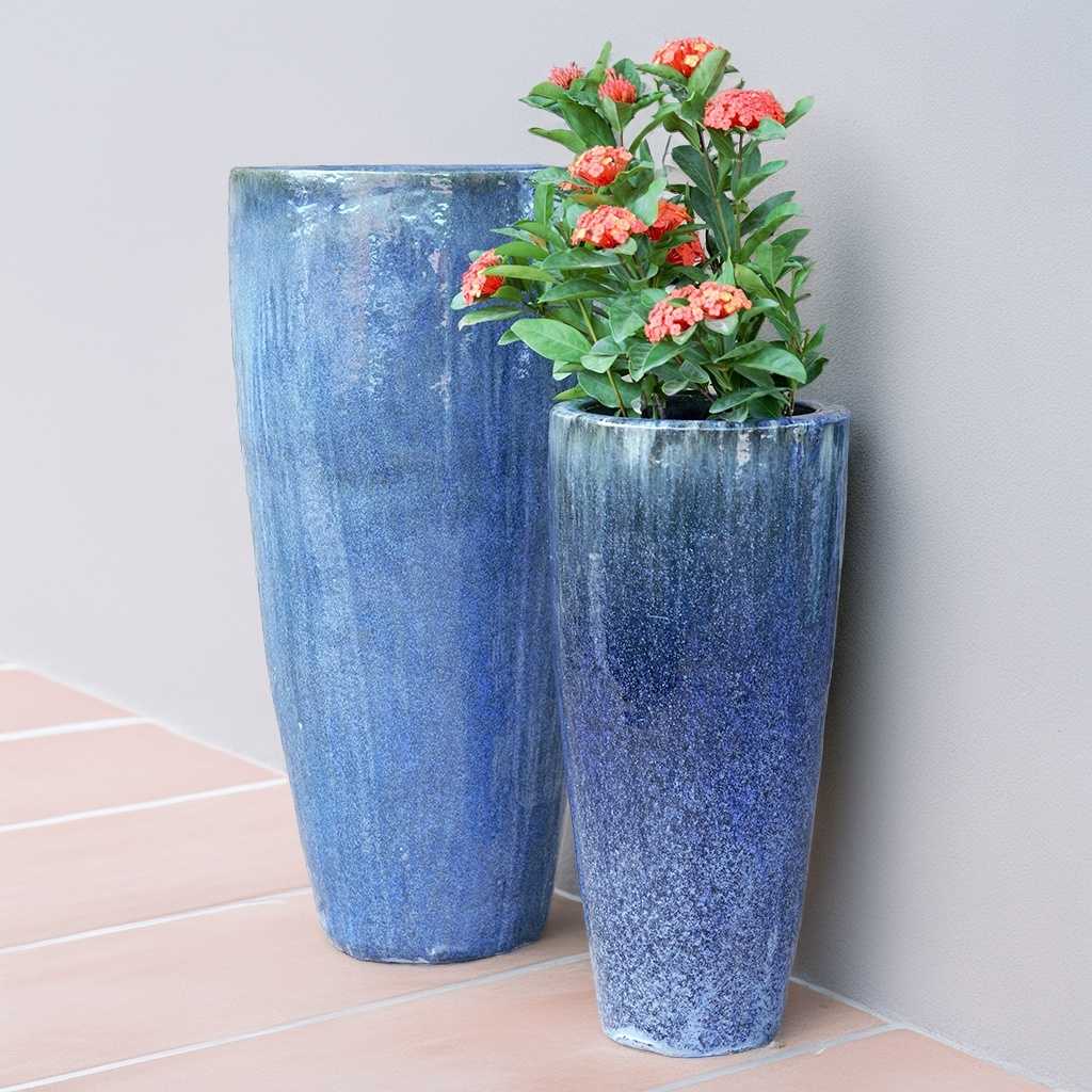 Glazed tall tapered ceramic planters in rustic blue