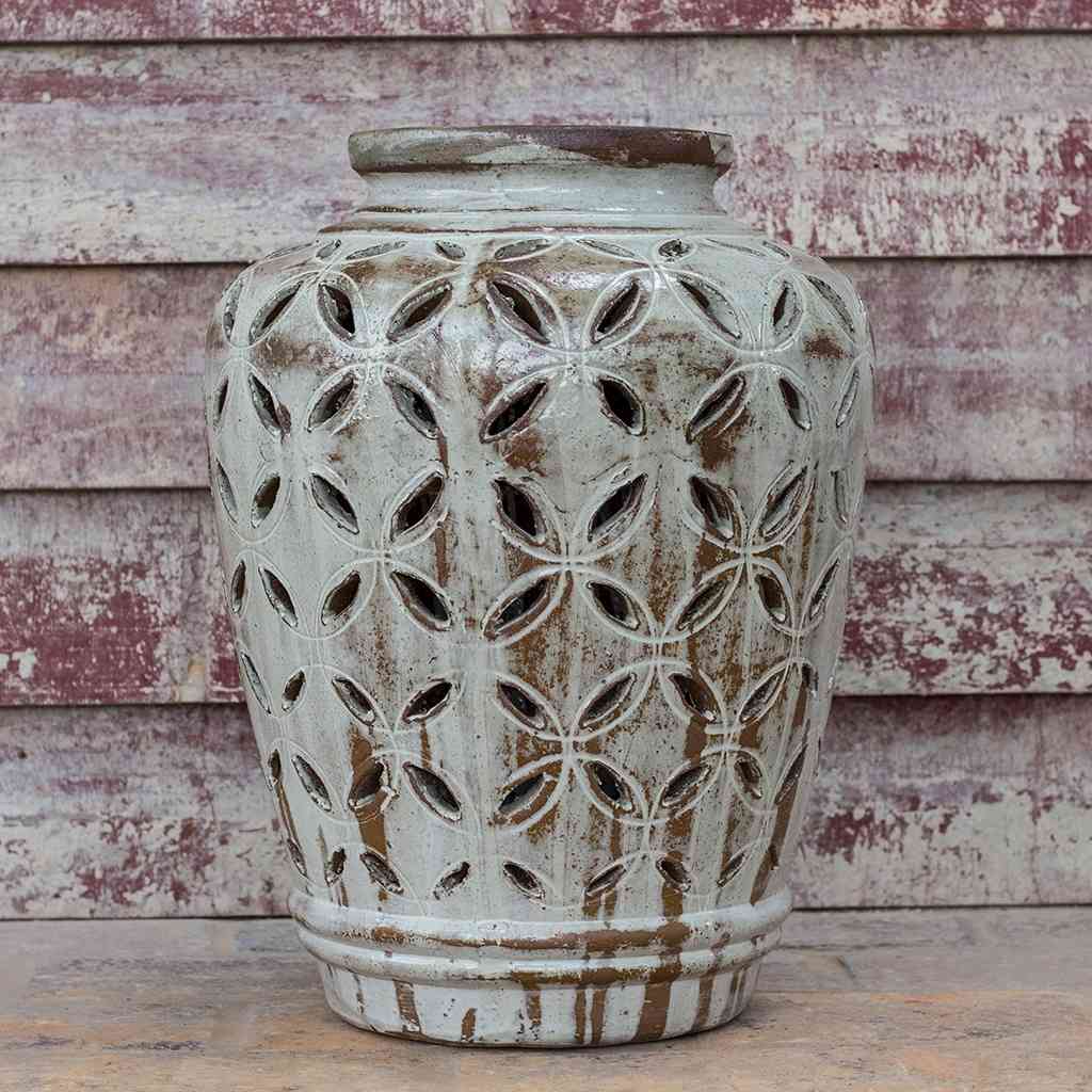 Wholesale Tall Tuscany Carved Lantern floor vase in ivory with intricate brown accents
