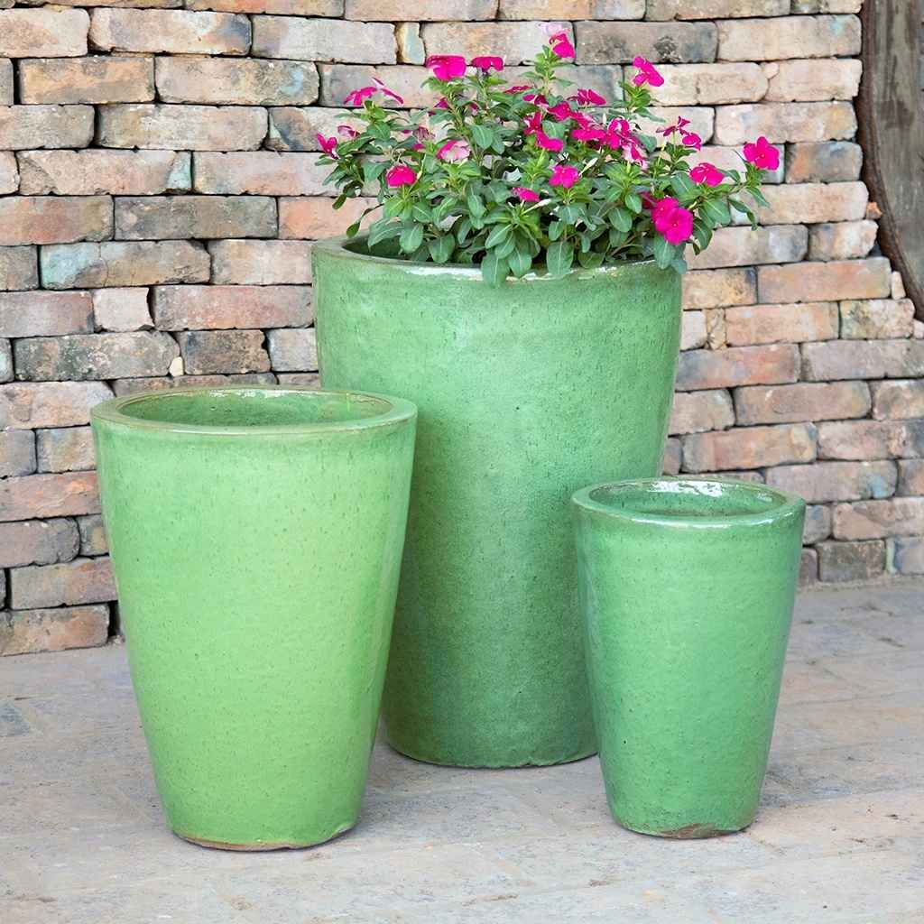 Set of 3 Tall cylinder planters with a glossy green finish for a sleek and vibrant look