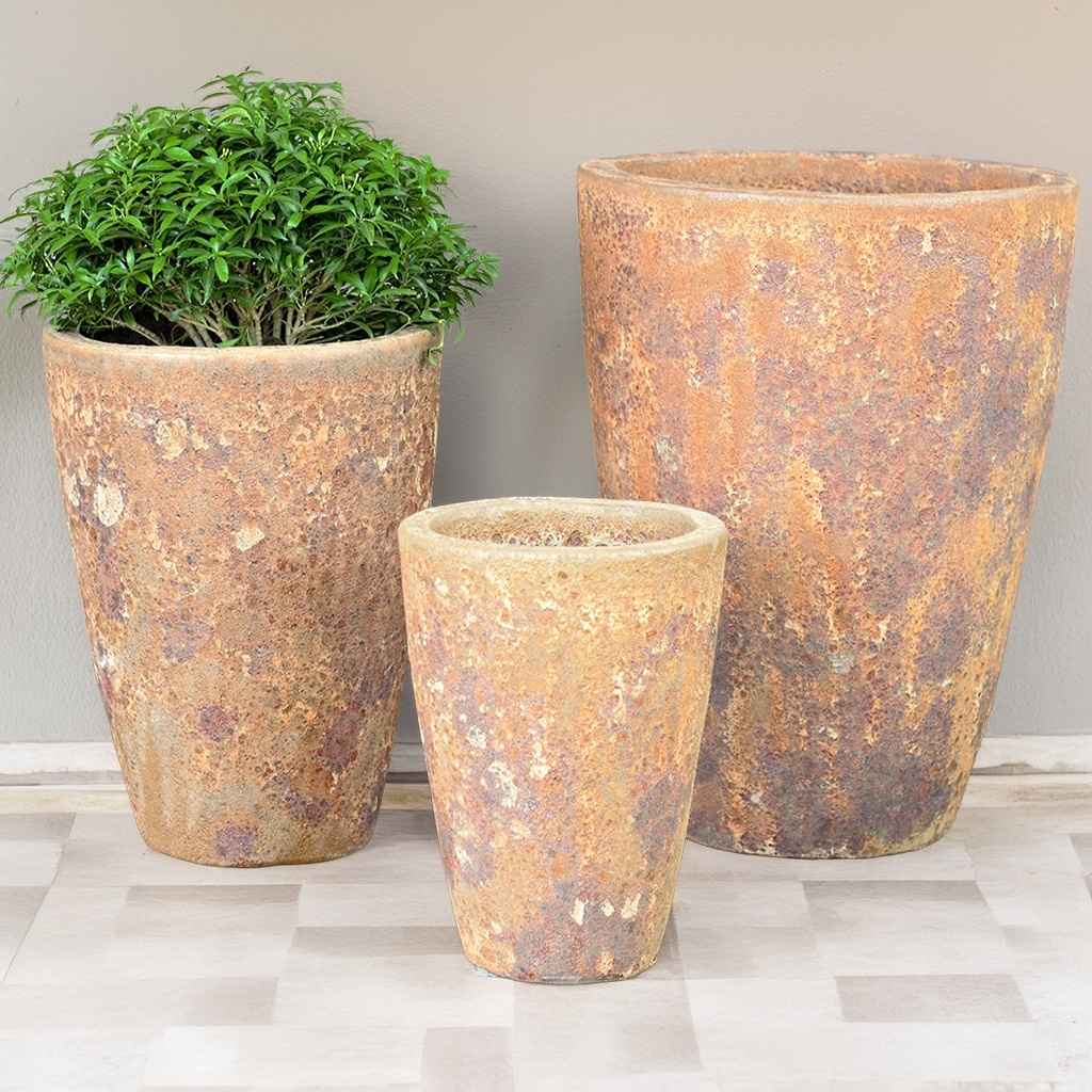 Set of 3 Tall cylinder planters with a weathered, rustic finish in earthy tones for a natural, aged look