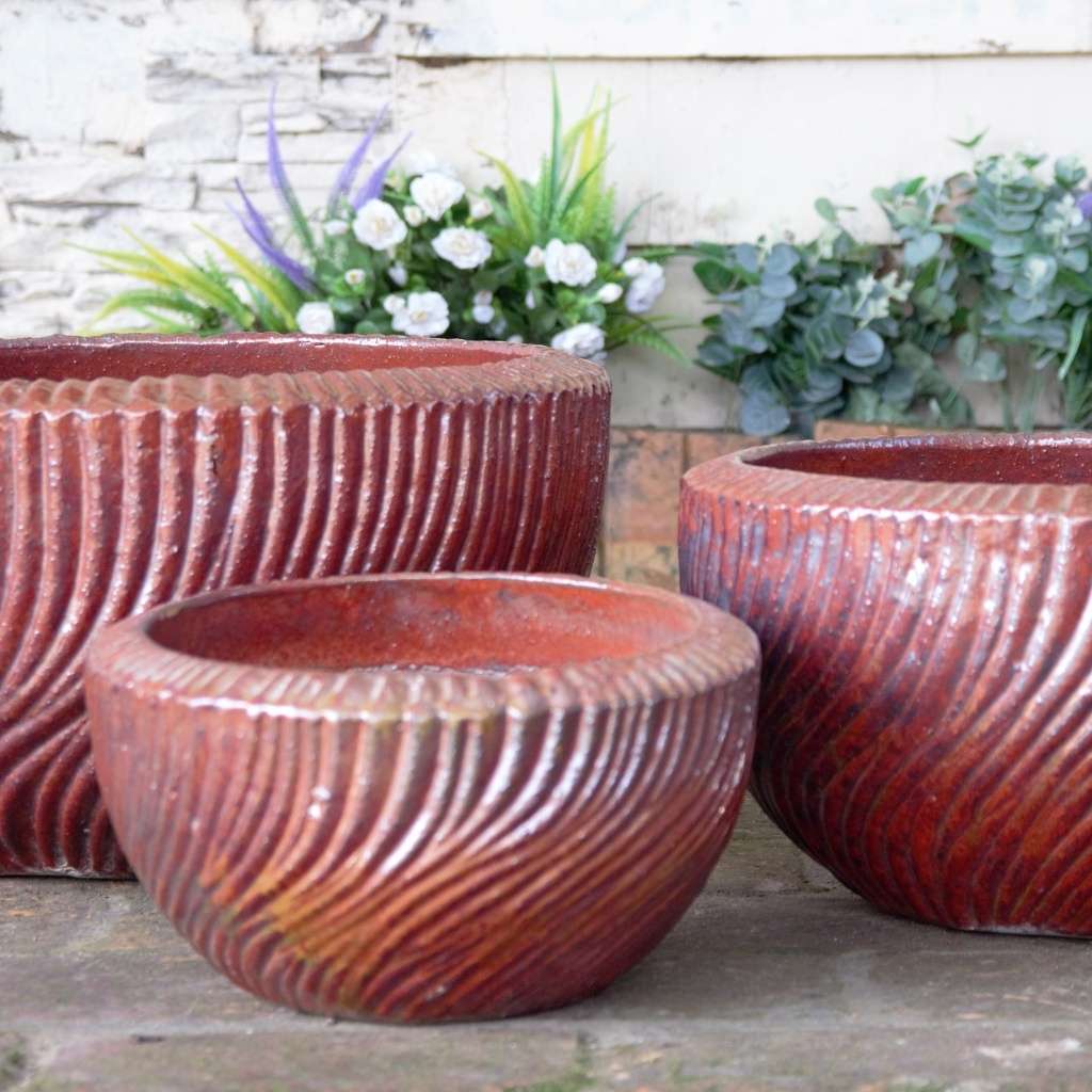 8560 Swirl Carved Bowl Planter Set