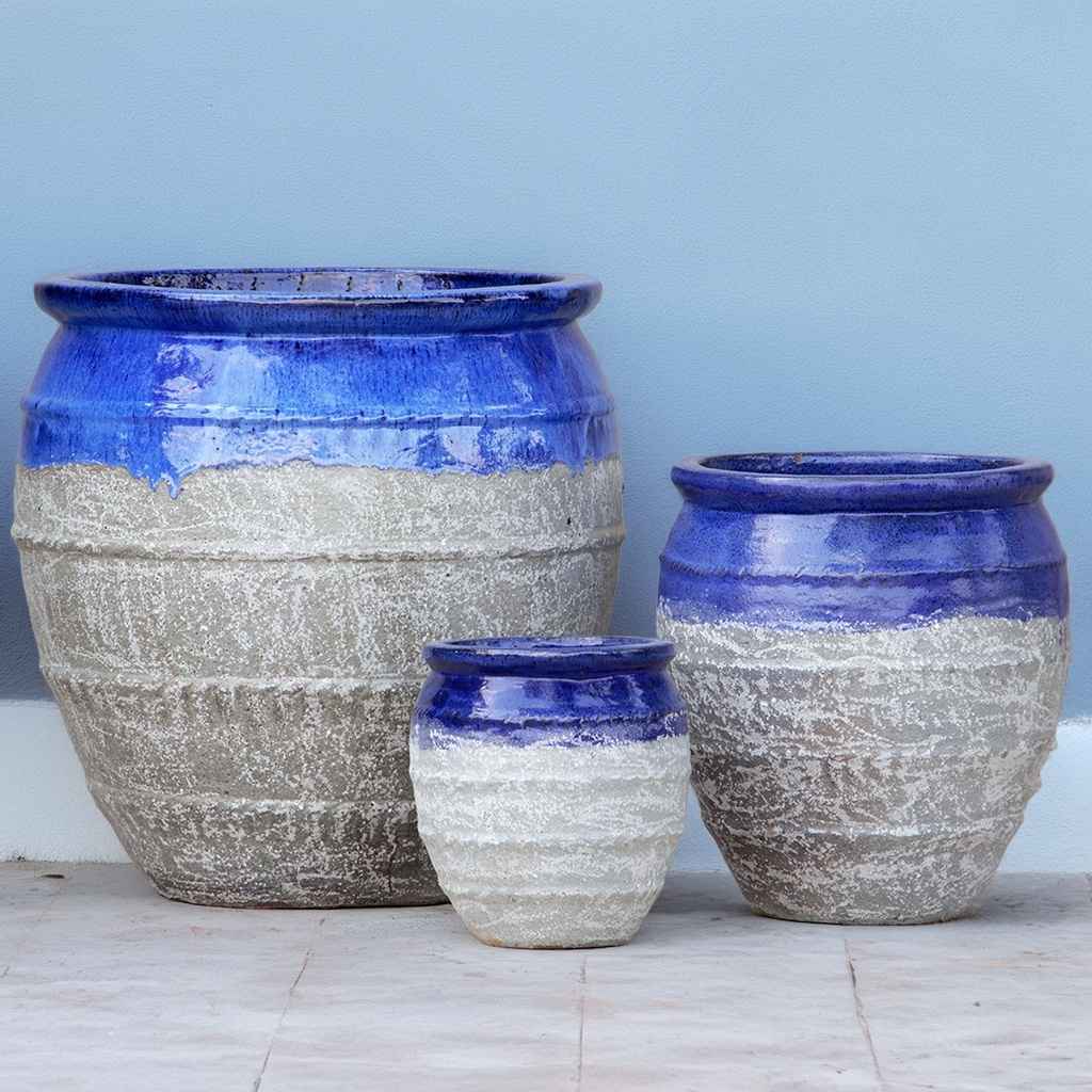 Two-toned rounded ceramic planters in muted grey with subtle gold flecks, featuring a glossy blue rim and rope-texture accents