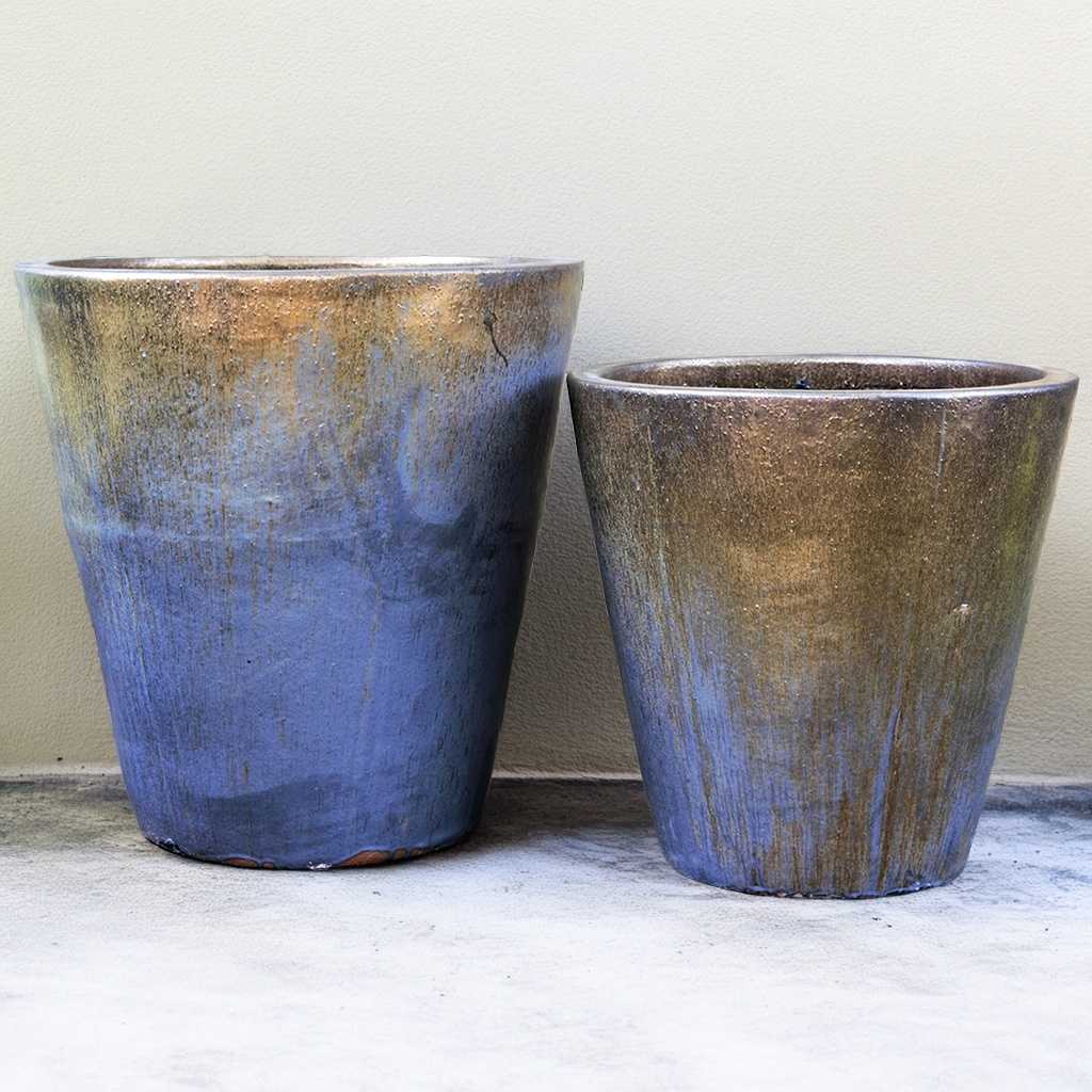 Tapered cylinder planter pots with a wide mouth, featuring a smooth blue finish highlighted by elegant gold accents