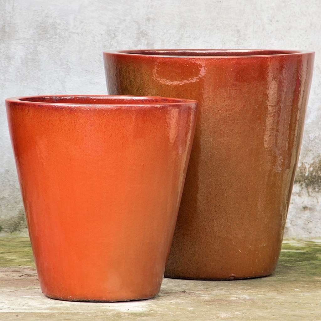 Tapered cylinder planter pots with wide mouth, featuring a glossy, glazed orange finish