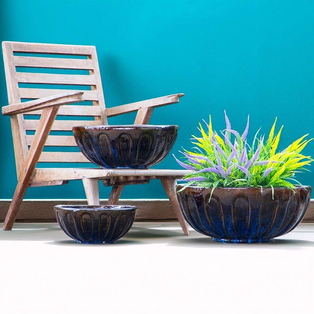 Glossy round low bowl ceramic planters in a blend of dark blue and brown tones for a natural, earthy look