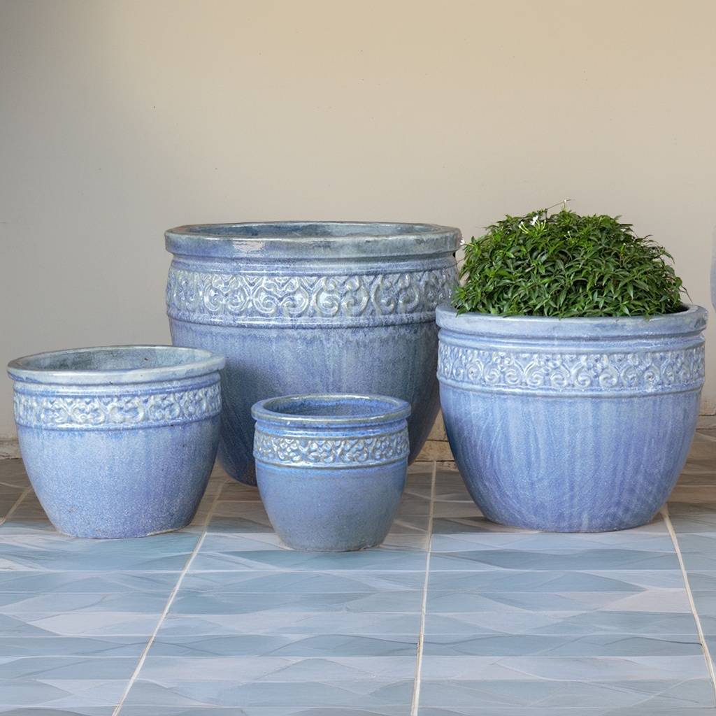 8668 Wide Mouth Carved Rim Pots - Set of 4