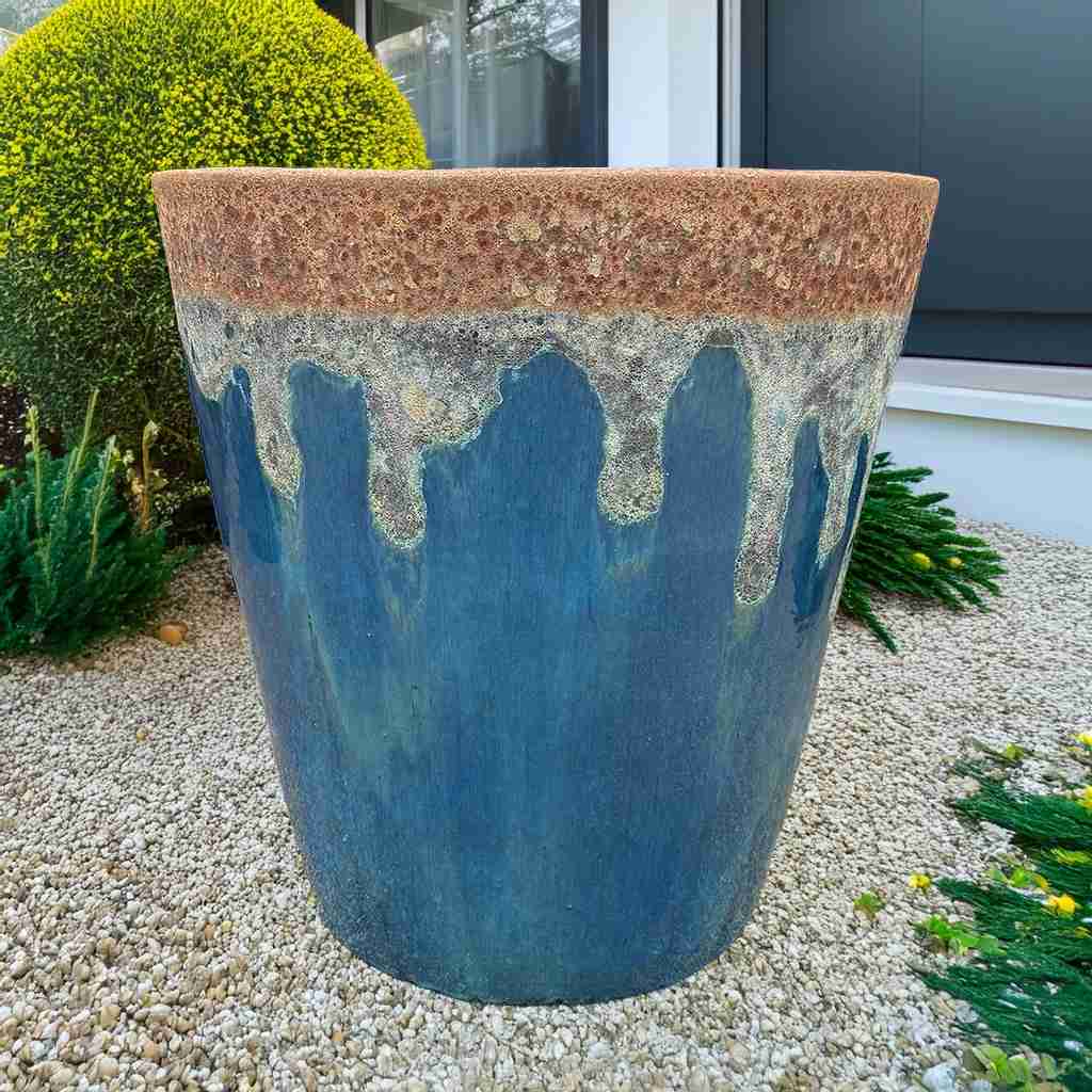 Tapered cylinder planter pots with wide mouth, featuring a smooth deep blue base and weathered brown drip texture for a striking, artistic design