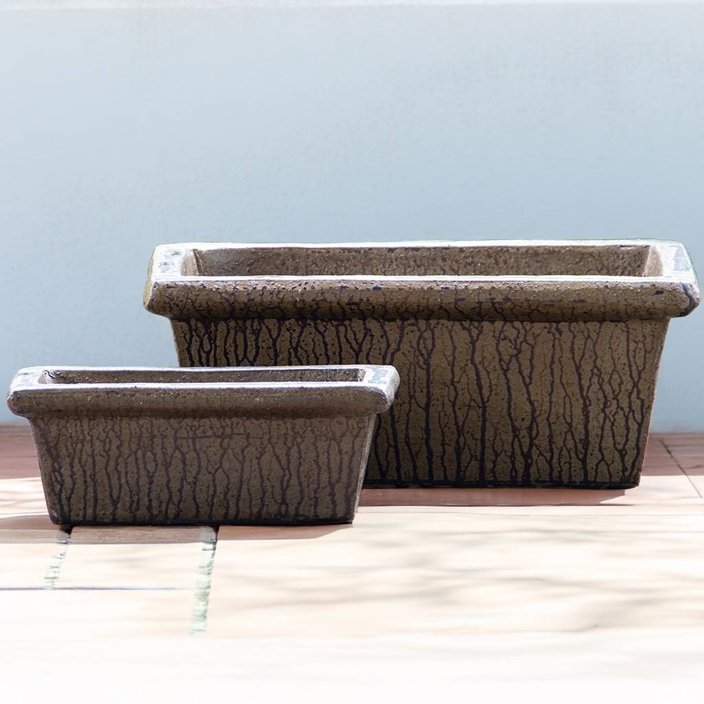 Rectangular brown tapered planters featuring a wood-grain-like textured design for a natural, rustic appearance