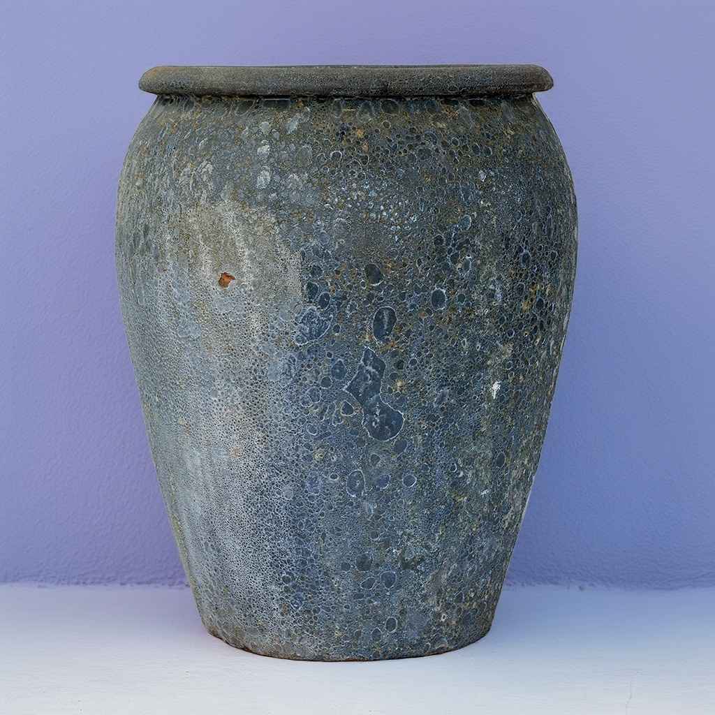 Large egg-shaped planter in gray-blue with an Atlantis finish, offering a smooth, ocean-inspired look