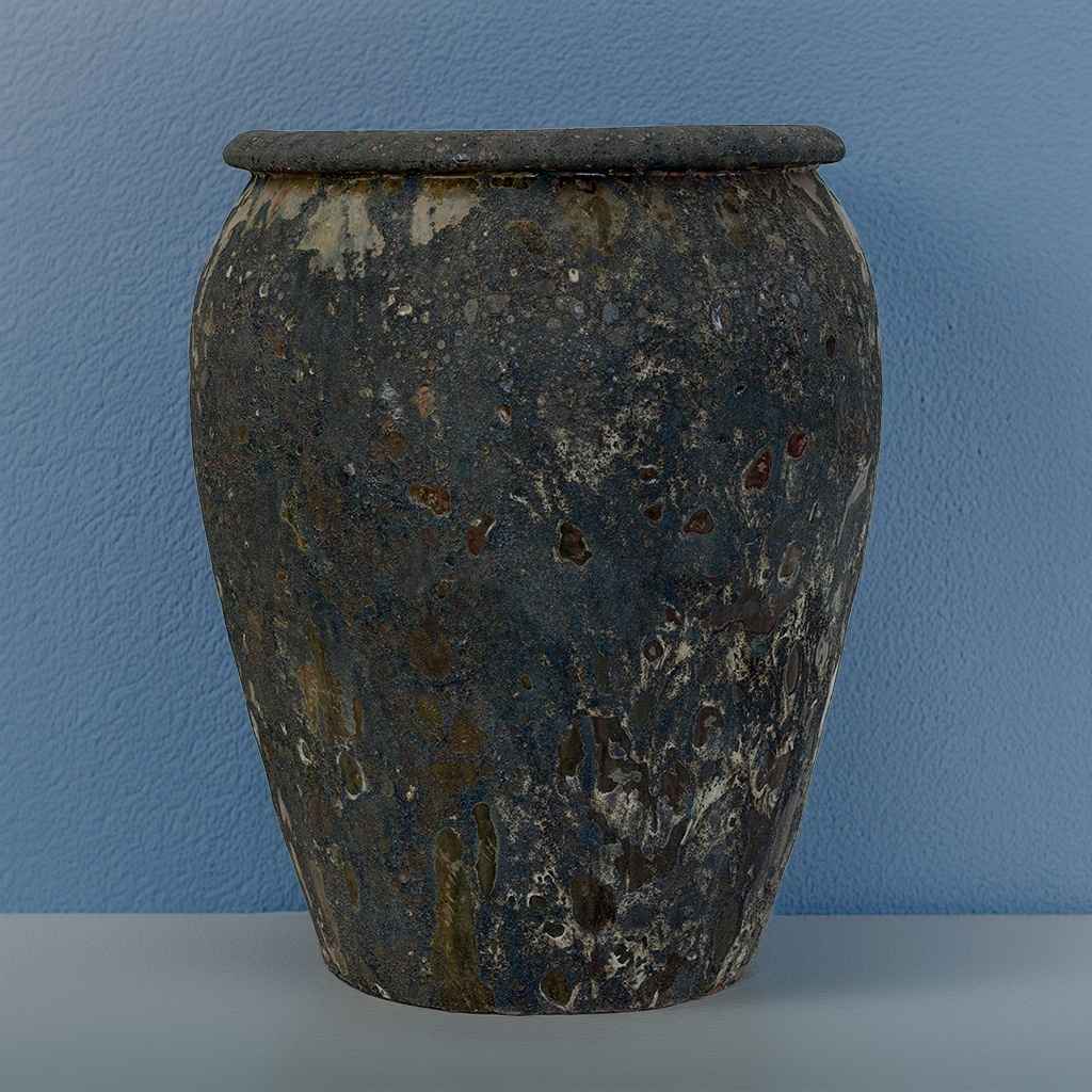 Large egg-shaped planter in mottled gray and dark tones with remnants of white paint and subtle reddish-brown undertones for a weathered, rustic look