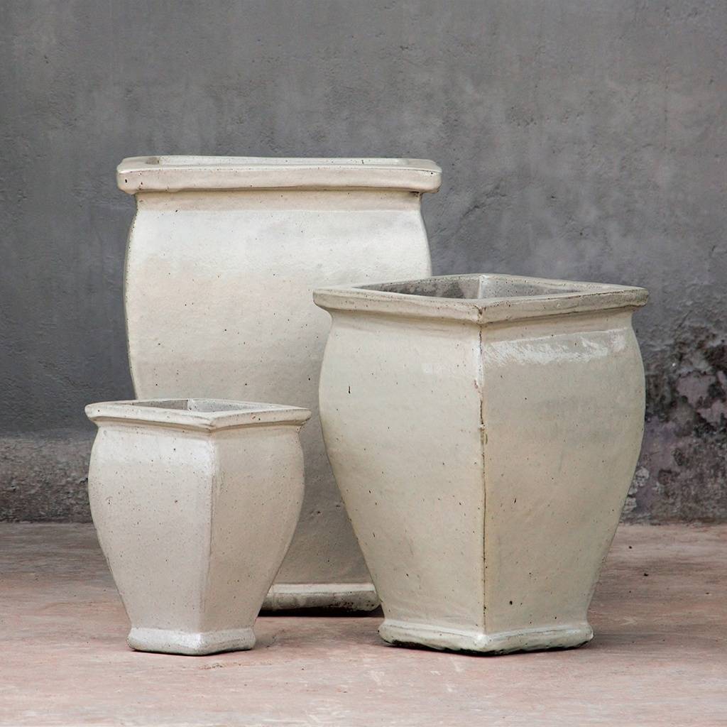 Wholesale Flared square-rimmed ceramic planter with a distressed white glossy glaze finish
