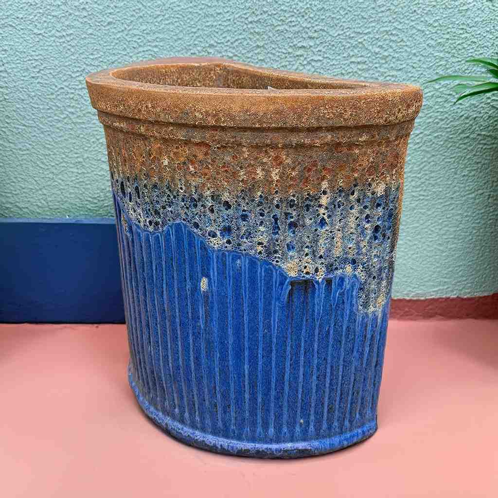 Glazed ceramic Angkor Dark Blue corner wall planter with a half-round ribbed texture for a stylish, textured finish
