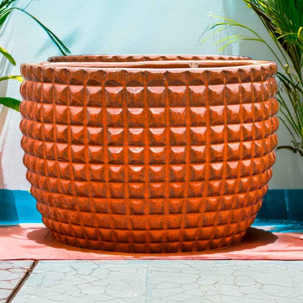 Wholesale Geometric copper red rounded planters featuring a sculpted square-texture pattern