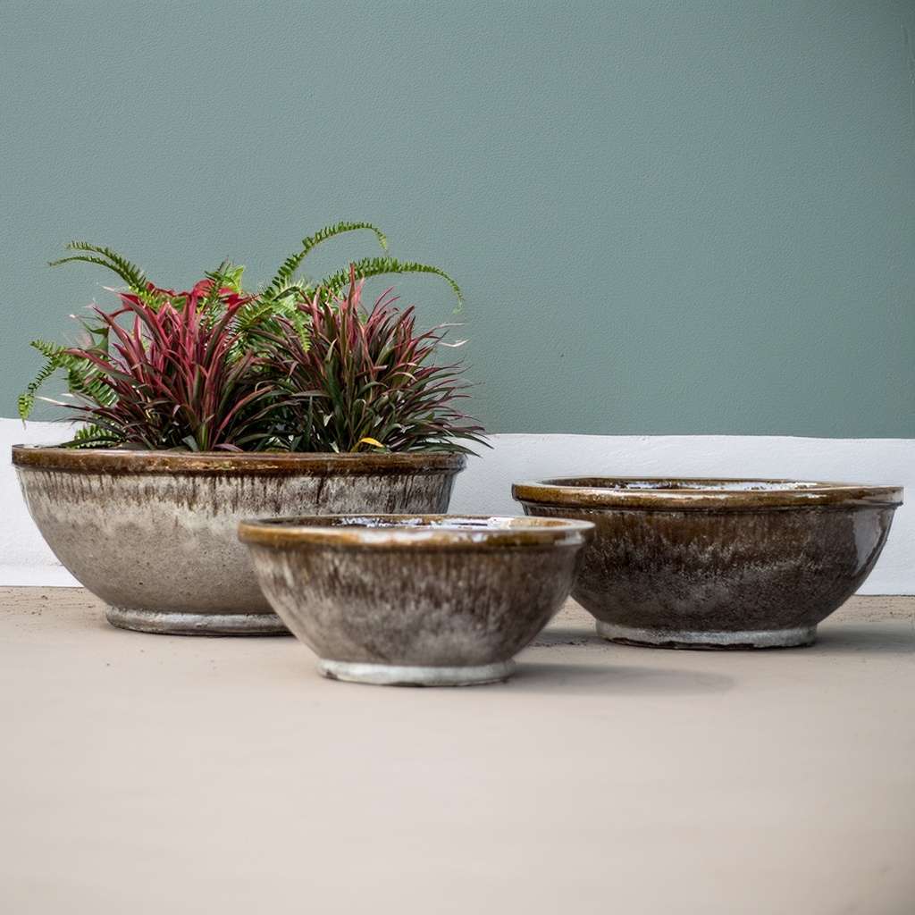 Wholesale Wide low bowl planters in cappuccino with a glossy glazed splatter effect