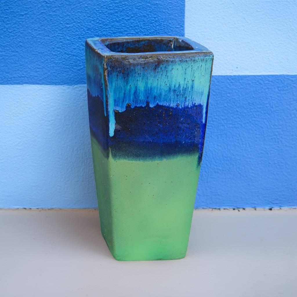 Wholesale square tapered planter with a vibrant, coastal-inspired look in blue, light blue, and yellow
