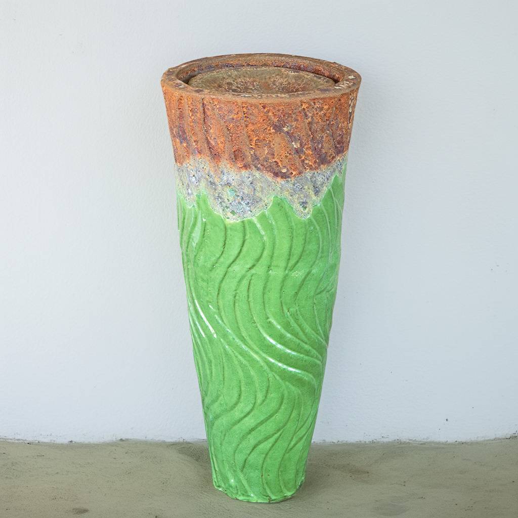 Tall ceramic fountain pot in apple green with textured top