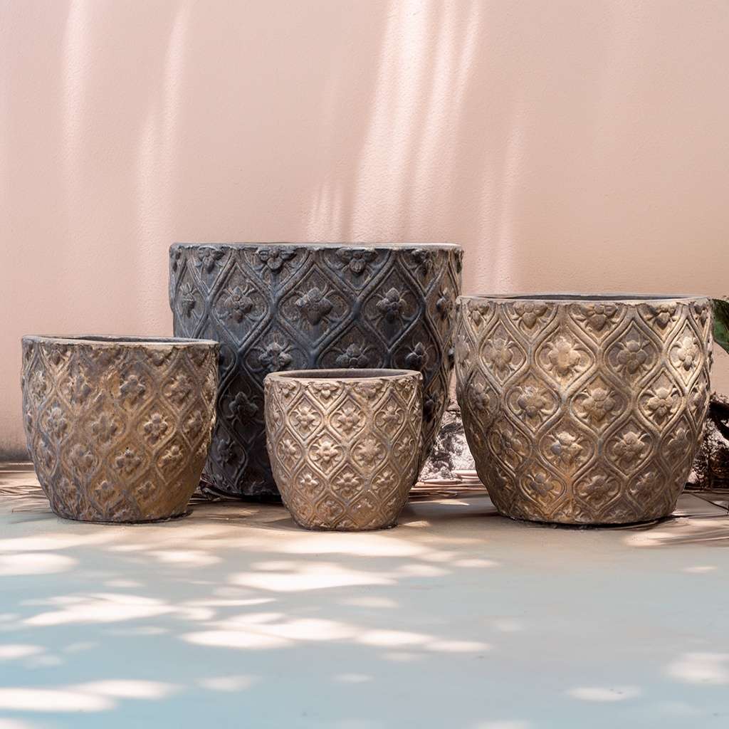 Wholesale Aged antique brass round planters featuring a raised floral lattice texture