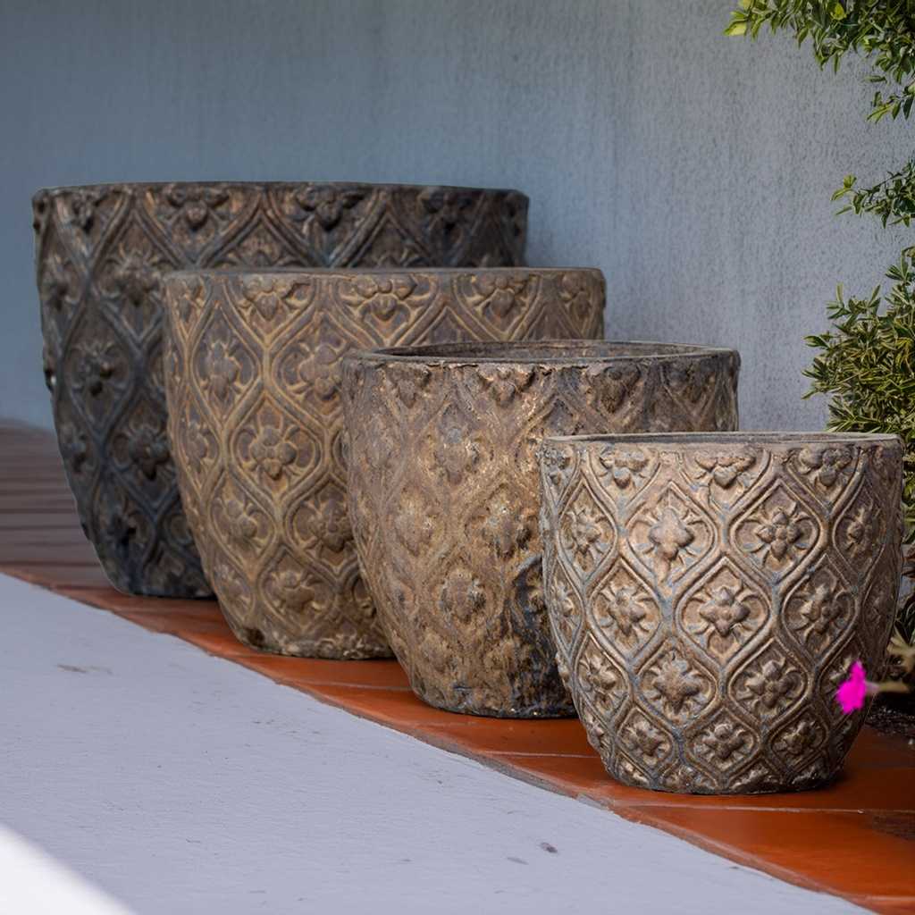 Aged bronze round planters featuring a raised floral lattice texture