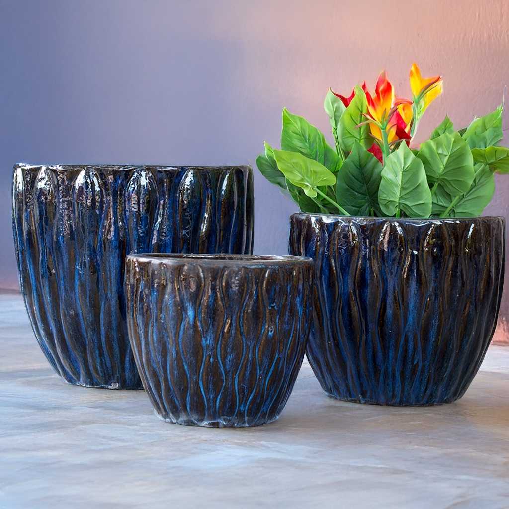 Wholesale Ceramic planter featuring a wavy pattern design with a blue and brown glaze