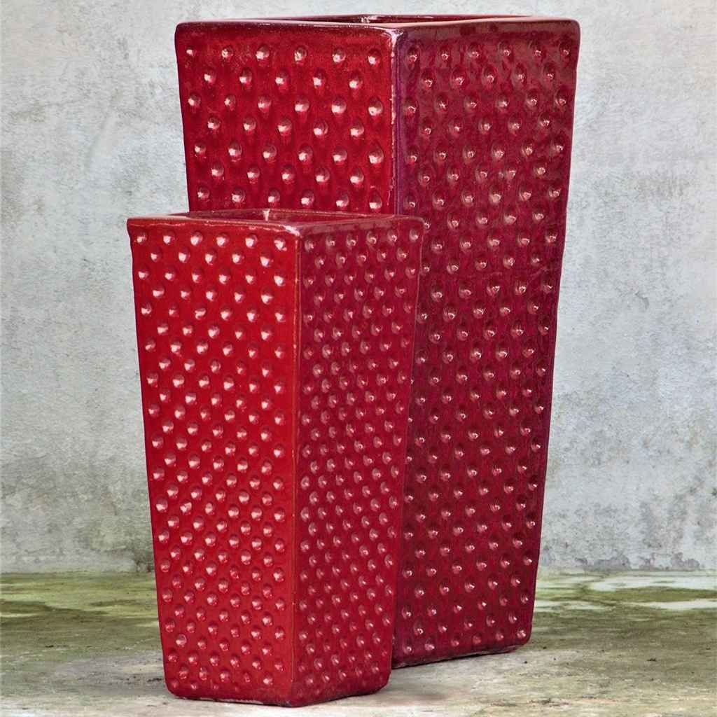 Square ceramic planter with dimpled texture in deep red