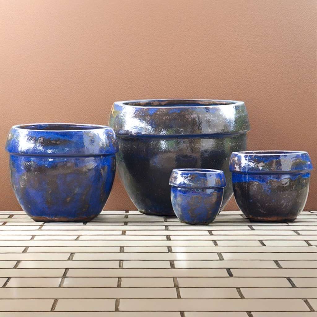 Wide-rimmed rounded ceramic planter in glossy blue with black accent details