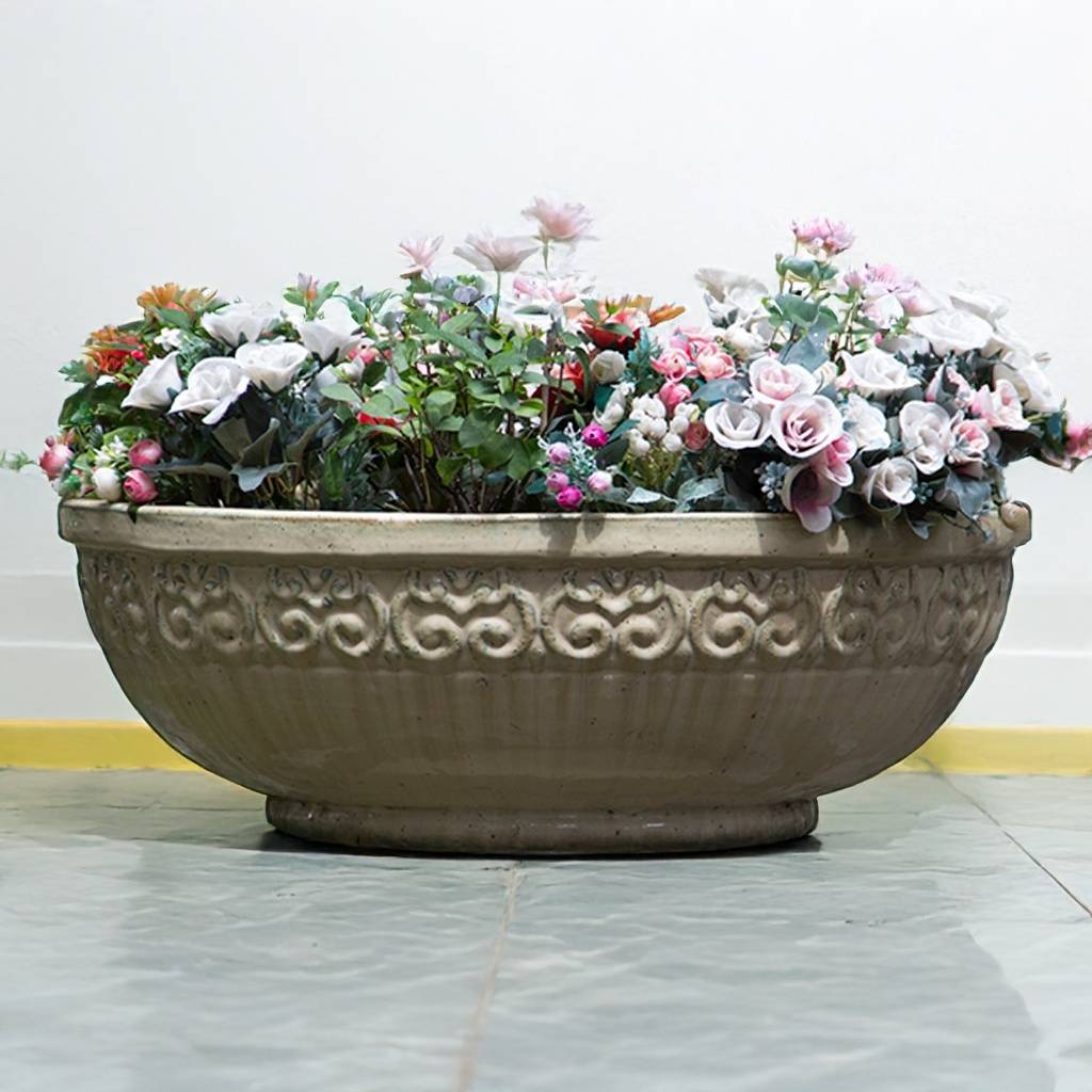 Wholesale Elegant Scroll low bowl ceramic planter in beige, featuring intricate scroll detailing and a smooth, classic finish
