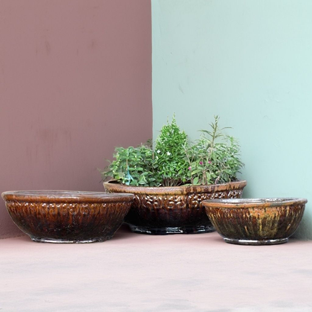 Elegant Scroll low bowl ceramic planter in dark brown, featuring intricate scroll detailing and a smooth, rounded shape