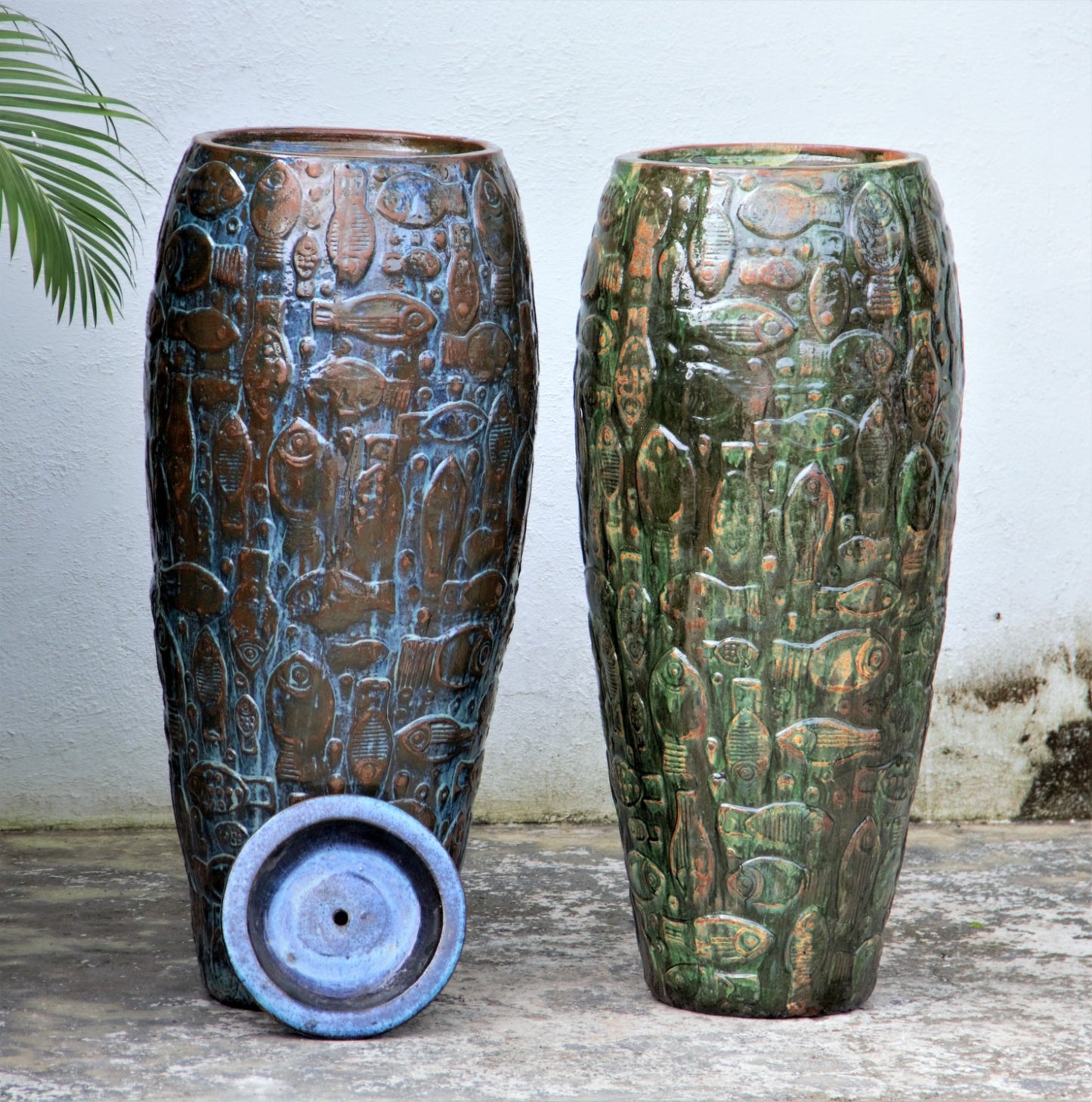 Blue and green with brown Embossed Fish Ceramic Planter