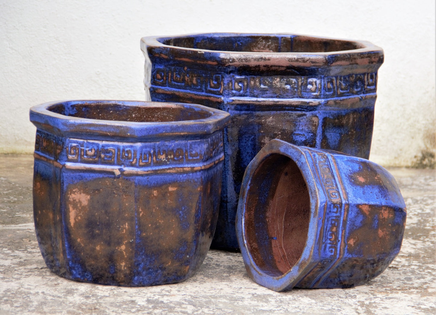 Rustic Blue Greek Key Octagon Planter