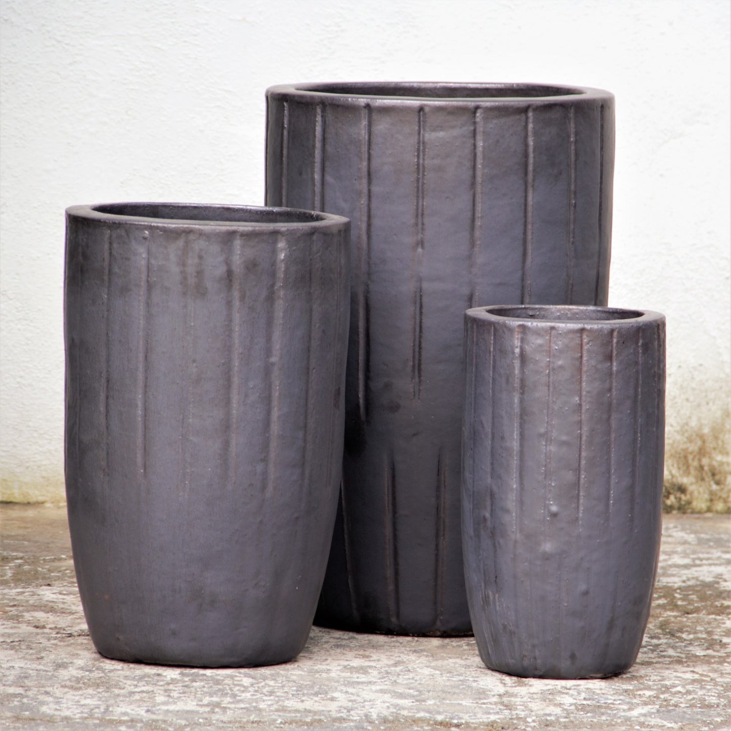 Gray Vertical Line Tall Planter with brown accent