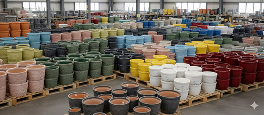 Assortment of colorful ceramic plant pots in a warehouse, stacked on pallets.