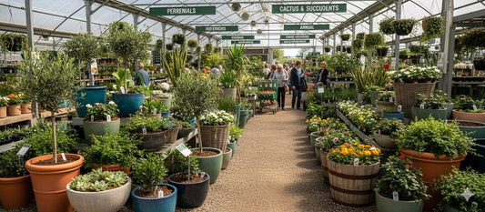 Different plant types in various round planters fill a bright garden center, with people browsing the selection.