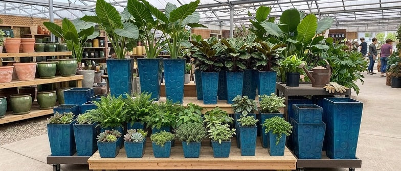 Tall Embossed Planter With Circles Displayed in a Garden Center