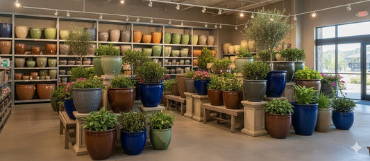 A retail store features a vibrant display of large ceramic planters in various colors and textures, filled with lush plants.