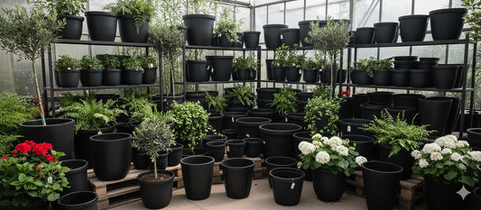 A diverse display of black ceramic plant pots, from small to extra-large, featuring matte, glossy, and textured finishes in various shapes.